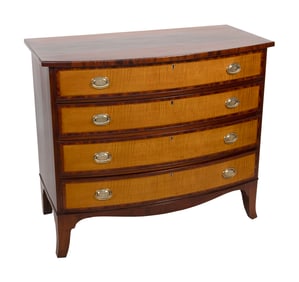 HEPPLEWHITE BOWFRONT BUREAU 19th Century, Height 36.5". Width 42". Depth 21.5".