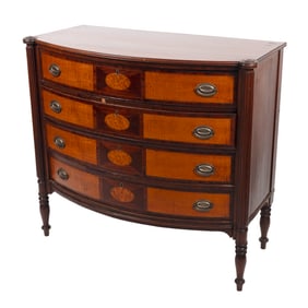 SHERATON BOWFRONT BUREAU Circa 1820 Height 41.5". Width 45". Depth 23".
