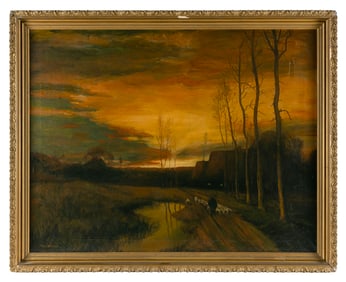 TOM ALLARDI (20th Century,), Dusk landscape with a shepherd and his flock., Oil on canvas, 28" x