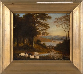 AMERICAN SCHOOL (19th Century,), Herder and a flock of sheep in a coastal landscape., Oil on board,