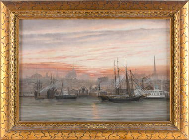 AMERICAN SCHOOL (19th Century,), Harbor at dusk., Oil on canvas, 16" x 25". Framed.