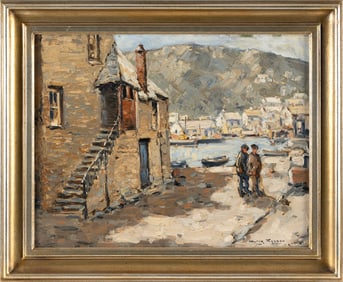 WALTER FARNDON (New York, 1876-1964), Figures at the waterfront., Oil on board, 14" x 18". Framed