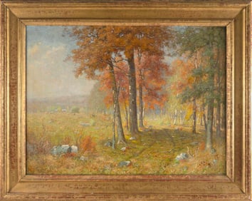 JOSEPH HENRY GREENWOOD (Massachusetts, 1857-1927), Wagon trail through the trees at the edge of a