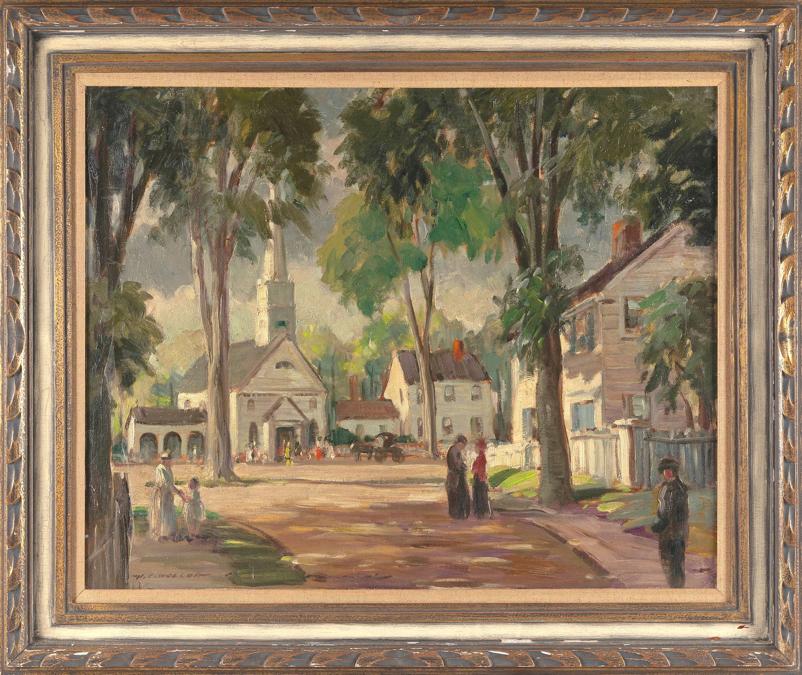 HAROLD C. WOLCOTT (New York, 1898-1977), "Sunday Morning"., Oil on canvas, 24" x 30". Framed 31.5" x: HAROLD C. WOLCOTTNew York, 1898-1977"Sunday Morning". Signed lower left "H.C. Wolcott". Titled verso.Oil on canvas, 24" x 30". Framed 31.5" x 27.5".