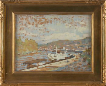 ROY HENRY BROWN (New York/New Hampshire/Illinois/France, 1879-1956), River scene., Oil on panel,