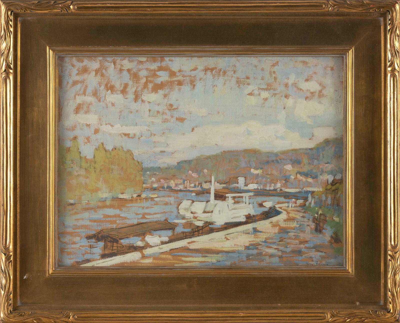 ROY HENRY BROWN (New York/New Hampshire/Illinois/France, 1879-1956), River scene., Oil on panel,: ROY HENRY BROWNNew York/New Hampshire/Illinois/France, 1879-1956River scene. Signed lower right "To Mrs. [...] from Roy Brown".Oil on panel, 11.5" x 16". Framed 17.25" x 21.5".