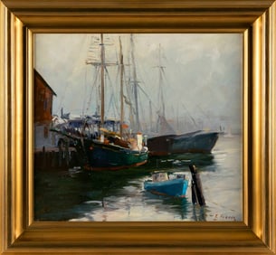 PAUL BEADEN HUDDER (Nevada/Massachusetts, 1897-1991), "Docked at Gloucester"., Oil on canvas board,