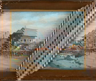 HENRY CURTIS AHL, JR. (Massachusetts/New Hampshire, 1905-1996), "In Gloucester Harbor"., Oil on