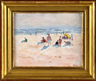 ROGER WILSON DENNIS (Connecticut, 1902-1996), Day at the beach., Oil on board, 8" x 10". Framed