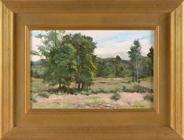 BERNARD COREY (Massachusetts, 1914-2000), Summer landscape., Oil on board, 9" x 14". Framed 15.5" x