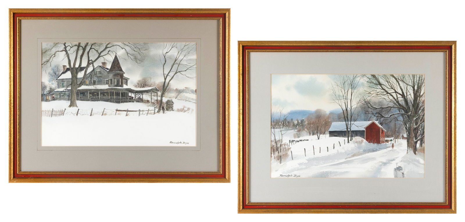 RANULPH BYE (Pennsylvania/New York/New Jersey, 1916-2003), Two winter landscapes., Watercolors,: RANULPH BYEPennsylvania/New York/New Jersey, 1916-2003Two winter landscapes. Signed lower corner "Ranulph Bye".Watercolors, approx. 14" x 20.75" sight. Framed 23.25" x 30.25".