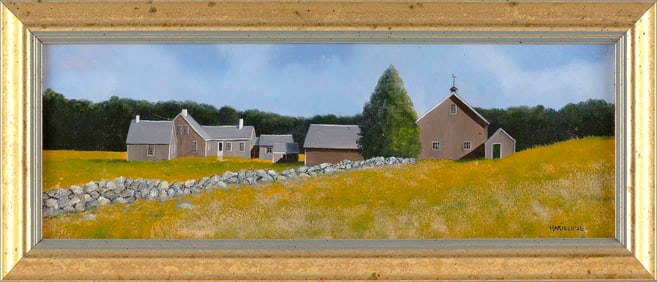 MARIELUISE HUTCHINSON (Massachusetts, 1947-), "Good Fences"., Oil on board, 4.5" x 13.5" sight.