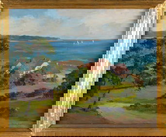 HENRI BRENOU (Massachusetts/France, 1904-1976), Ocean view and cottages, Hyannis, Massachusetts.