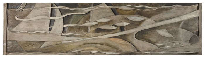 VERNON B. SMITH (Massachusetts, 1894-1969), "Gray Sails"., Wood bas relief, 17" x 60".