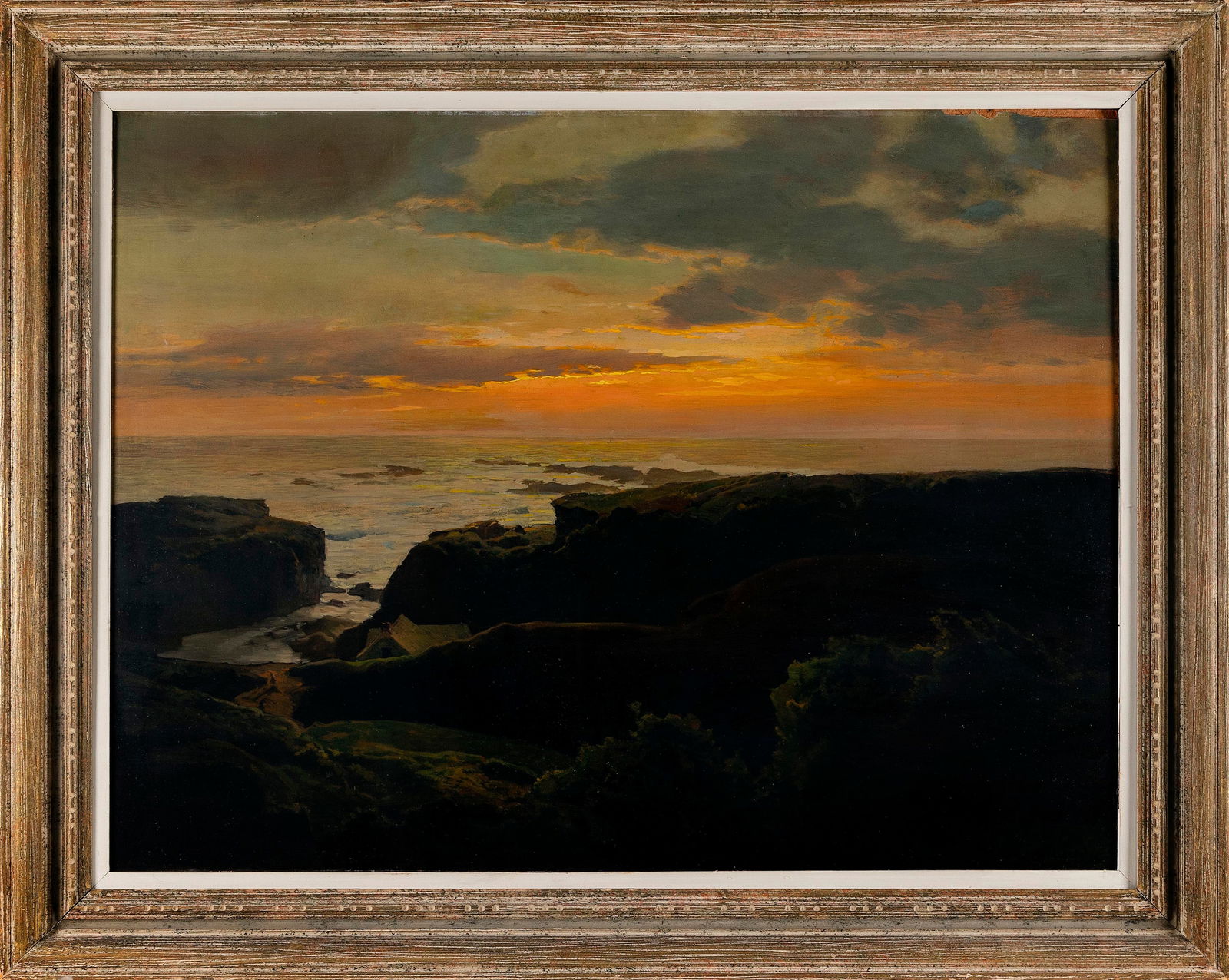 FREDERICK JUDD WAUGH (New Jersey/Massachusetts, 1861-1940), Sunset., Oil on masonite, 30" x 40".: FREDERICK JUDD WAUGHNew Jersey/Massachusetts, 1861-1940Sunset. Signed lower right "Waugh".Oil on masonite, 30" x 40". Framed 38" x 48".