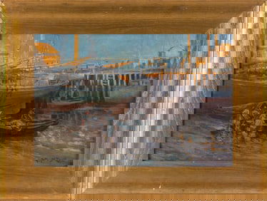 ARTHUR VIDAL DIEHL (Massachusetts/New York/England, 1870-1929), Wharf scene., Oil on canvas, 12" x