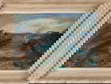 GERRIT HONDIUS (New York, 1891-1970), Wharf scene., Oil on board, 13" x 19". Framed 18" x 24".