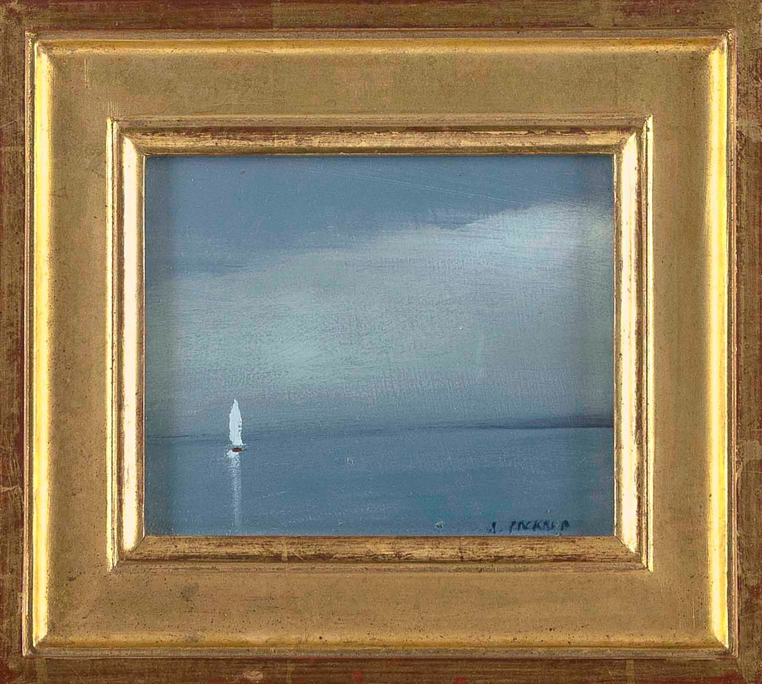 ANNE PACKARD (New Jersey/Massachusetts, 1933-), Sailboat., Oil on board, 4" x 5". Framed 6.5" x: ANNE PACKARDNew Jersey/Massachusetts, 1933-Sailboat. Signed lower right "A. Packard".Oil on board, 4" x 5". Framed 6.5" x 7.5".