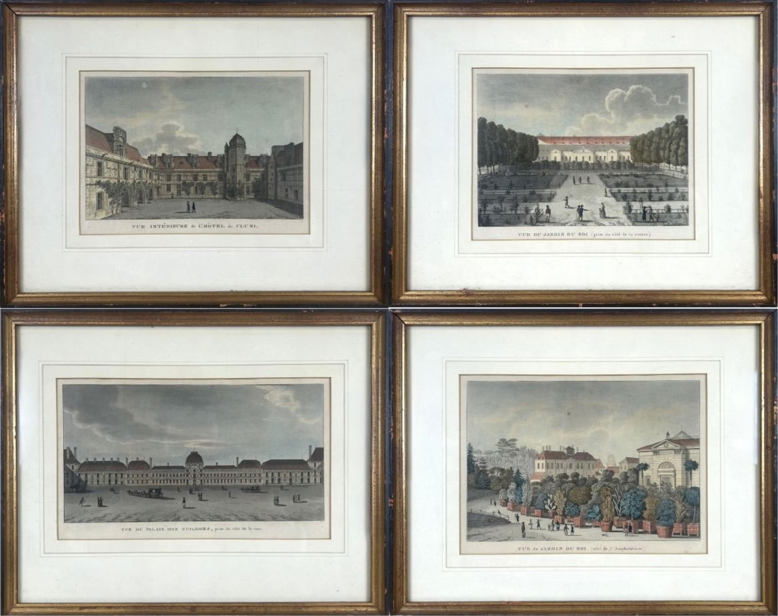 SET OF FOUR FRENCH ARCHITECTURAL PRINTS Circa 1820-40 Colored engravings on paper, 6.5" x 10.5".