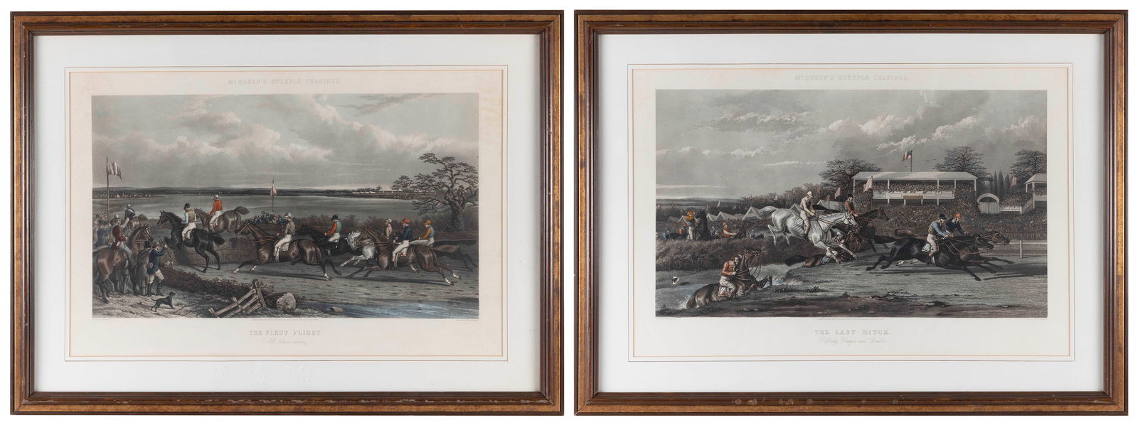 TWO HAND-COLORED ENGRAVINGS "THE FIRST FLIGHT" AND "THE LAST DITCH" England, 19th Century 22" x 34" (1 of 5)
