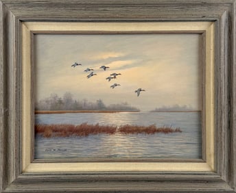 JOHN W. TAYLOR, JR. (Maryland/Washington, D.C., 1931-2017), Canvasbacks in flight., Oil on panel,