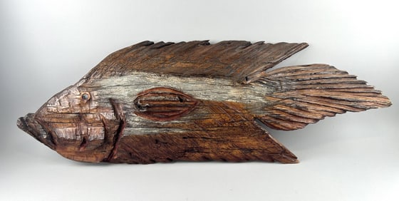 CARVED AND PAINTED DRIFTWOOD FISH PLAQUE 20th Century Height 16". Length 42".