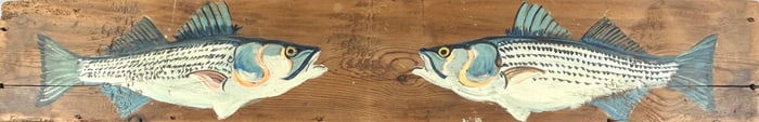 PAINTING OF TWO STRIPED BASS 20th Century On pine board, 7.5" x 45". Unframed.