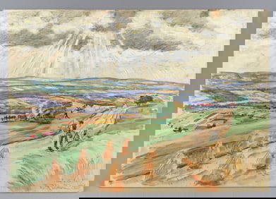 POSSIBLY FRANCIS PICABIA (America/France, 19th/20th Century), Workers in a field., Watercolor and