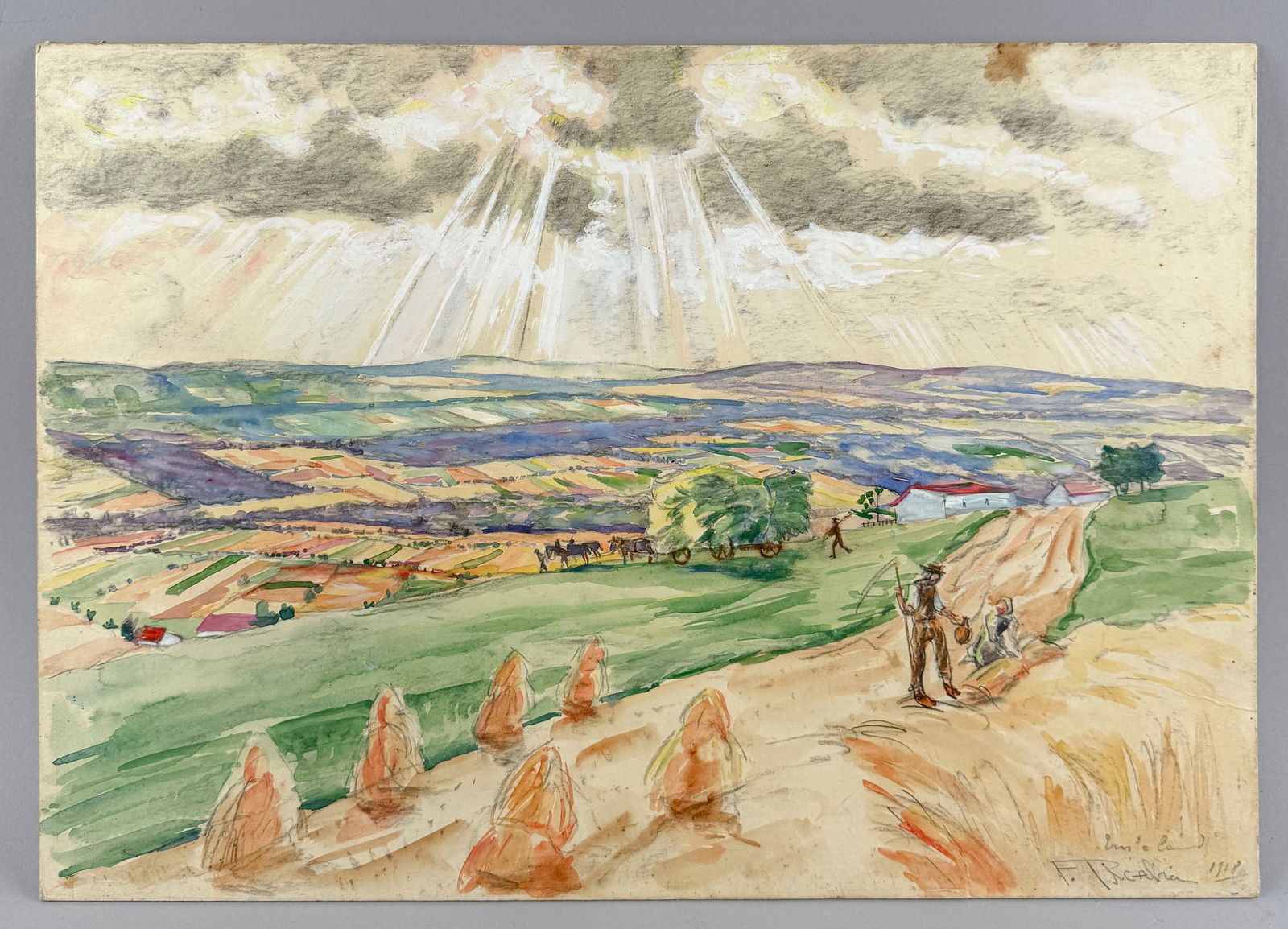 POSSIBLY FRANCIS PICABIA (America/France, 19th/20th Century), Workers in a field., Watercolor and (1 of 3)