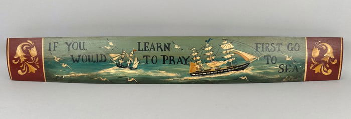 BARREL STAVE WITH PAINTED MARITIME DECORATION BY SALLY NOLAN 20th Century Height 4.75" tapering to