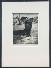 LEMUEL D. ELDRED (Massachusetts, 1848-1921), Boats in a harbor., Hand-painted etching, 9" x 12".