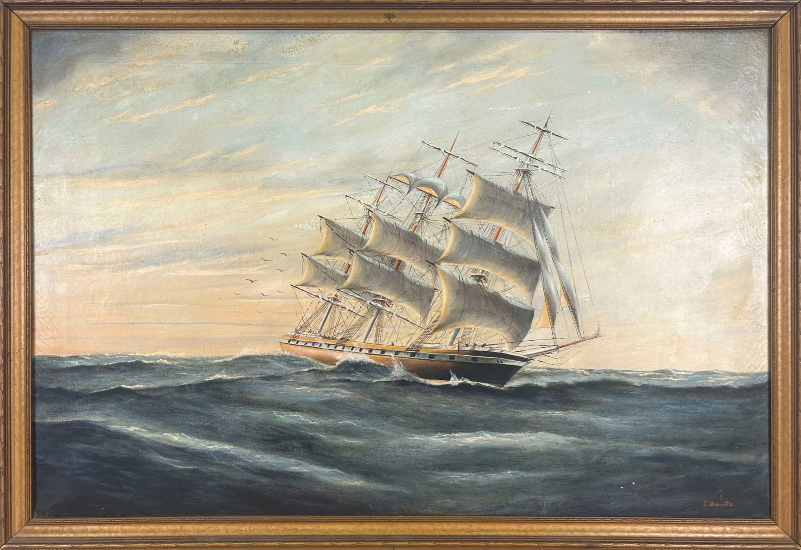 S. HORVITZ (Canada, 20th Century), Ship under sail., Oil on canvas, 24" x 36". Framed 27" x 40".: S. HORVITZCanada, 20th CenturyShip under sail. Signed lower right "S. Horvitz".Oil on canvas, 24" x 36". Framed 27" x 40".