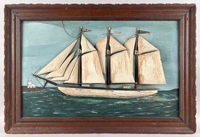VINTAGE SHIP DIORAMA Early 20th Century Framed 19.5" x 29".