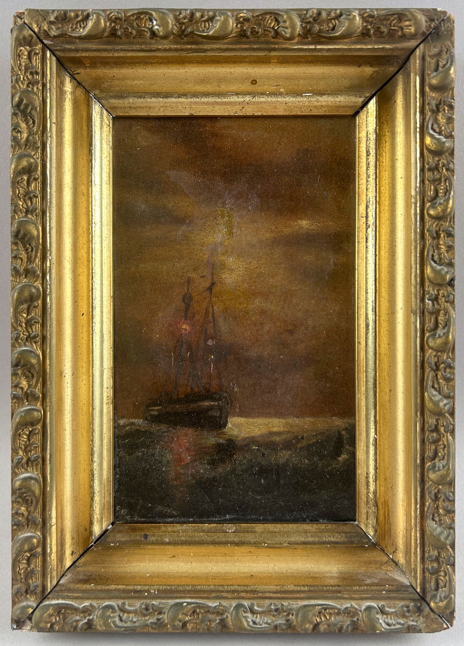 ENGLISH SCHOOL (19th Century,), A lightship at dusk., Oil on canvas, 8.25" x 5". Framed 10.5" x (1 of 2)