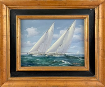 JEAN LAURENT (Massachusetts/France/South Korea, 1898-1988), Yachts racing., Oil on canvas, 12" x