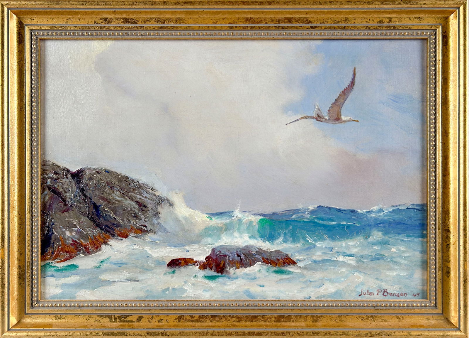 JOHN PRENTISS BENSON (Maine/Massachusetts, 1865-1947), "Breakers in Bermuda", Oil on board, 12" x: JOHN PRENTISS BENSONMaine/Massachusetts, 1865-1947"Breakers in Bermuda", depicting a Bermuda longtail flying over crashing surf. Includes a copy of The Artistic Legacy of John Prentiss Benson, Vol. II