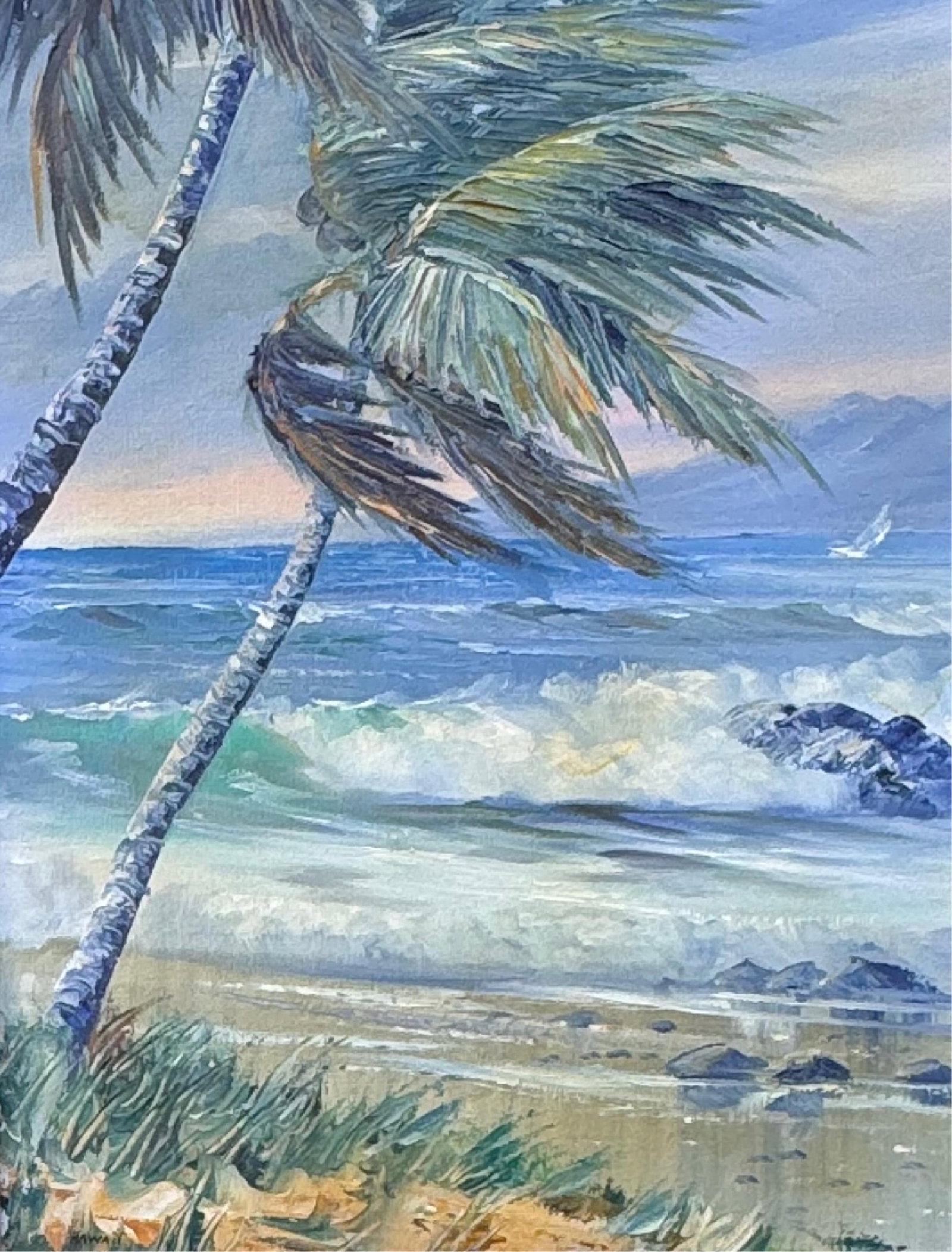 STEPHEN DONALD SANDS (Rhode Island/Hawaii, 1930-2016), "Island Paradise"., Oil on canvas, 18" x 14".: STEPHEN DONALD SANDS Rhode Island/Hawaii, 1930-2016 "Island Paradise". Signed and dated lower left "Hawaii Sands 1975". Titled and dated 1975 verso. Oil on canvas, 18" x 14". Framed 24.5" x 20.5".