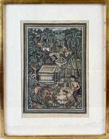 BALINESE SCHOOL (Mid-20th Century,), Batuan village scene., Watercolor and ink on paper, 9.5" x 14".