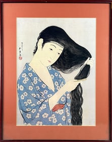 AFTER HASHIGUCHI GOYO (Japan, 1881-1921), Woman combing her hair., Photolithograph print, dai oban