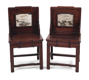 PAIR OF CHINESE ROSEWOOD AND DREAMSTONE CHAIRS Late 19th/Early 20th Century Back heights 37". Seat