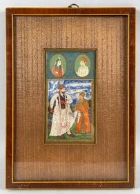 PERSIAN SCHOOL (19th Century,), Two portrait medallions above a scene of a man and his attendant.,