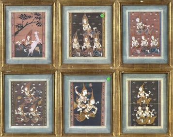 PERSIAN SCHOOL (19th Century,), Six figural works., Gouaches with gilt highlights, 10.25" x 8.25"