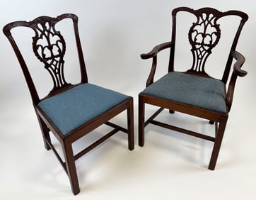 TWO MATCHING CHIPPENDALE MAHOGANY CHAIRS 18th Century Back heights 36.5". Seat heights 18.5".