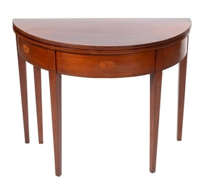 HEPPLEWHITE DEMILUNE CARD TABLE 19th Century Height 29.5". Width 36.5". Depth 16".