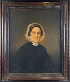 AMERICAN SCHOOL (19th Century,), Portrait of a woman wearing a white bonnet and black dress., Oil on