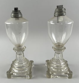 PAIR OF CLEAR GLASS WHALE OIL LAMPS 19th Century Heights 10".