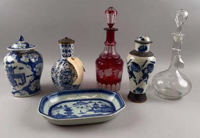 COLLECTION OF PORCELAIN AND GLASS 19th Century Heights from 9" to 13". Platter length 10.75".