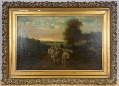 E. LAZARRE (19th Century,), Sheep herder and his flock., Oil on canvas, 18" x 28". Framed 26" x