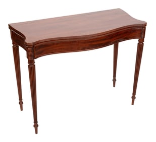 SHERATON MAHOGANY SERPENTINE CARD TABLE Massachusetts, Circa 1805 Height 29.5". Width 37.25". Depth