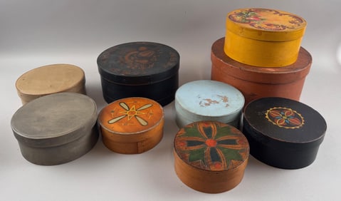 FOURTEEN WOODEN PANTRY BOXES 19th/20th Century Diameters from 5.5" to 15.5".